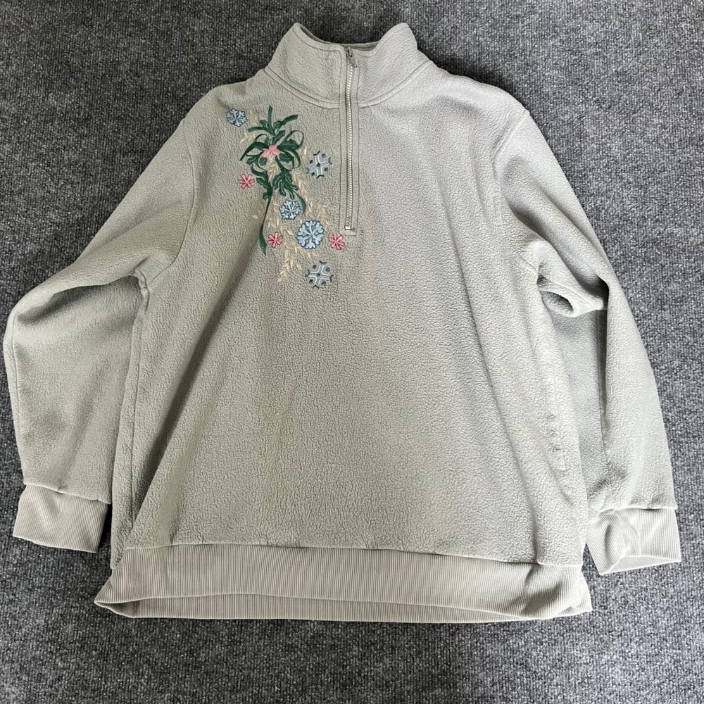 Alfred Dunner Fleece Pullover Sage Green Floral Snowflake Embroidery  Vintage L